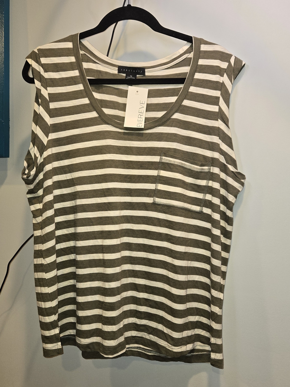 NWT Sanctuary Olive Green & White Striped Pocket Tank Top, Size XL, EVEREVE